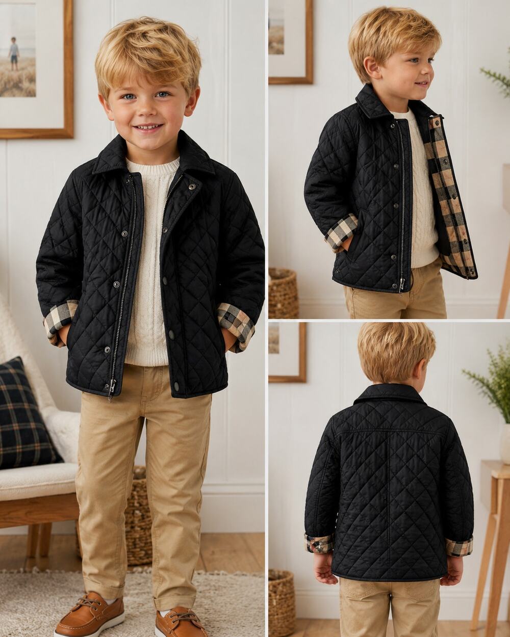 Burberry Children Boys 5Y Black Quilted Jacket Nova Check Lined Coat